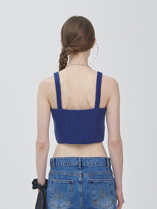 Tweed cropped tailored square neck sleeveless top - Deep blue