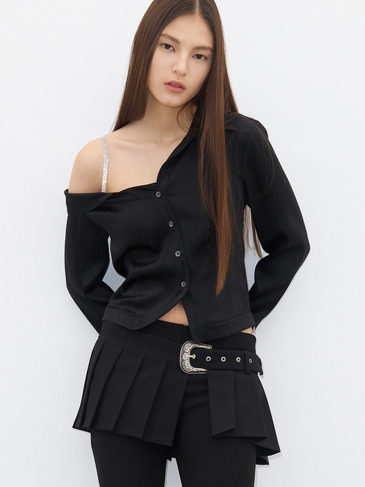 BELT DETAIL PLEATSED MINI SKIRT(BLACK)