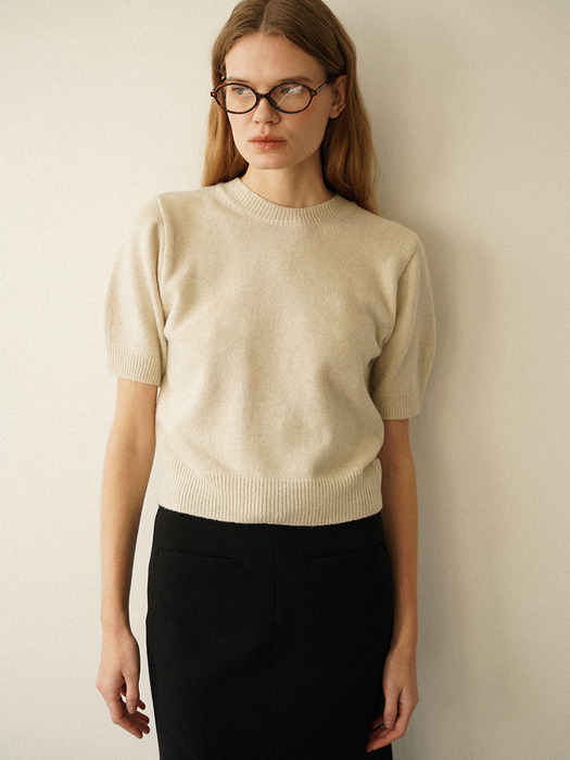 LUA CASHMERE WOOL ROUND NECK PUFF SLEEVE HALF KNIT (IVORY)