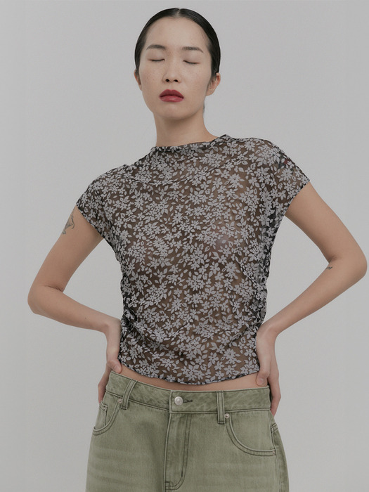 FLOWER MESH SHIRRING TOP [GREY]