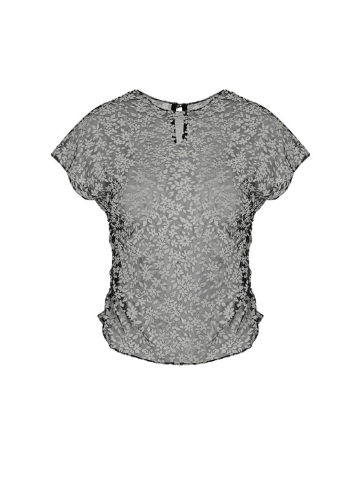 FLOWER MESH SHIRRING TOP [GREY]