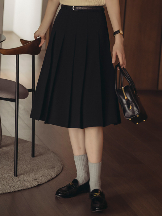 Belt set pleats midi skirt_Black