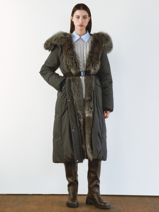 FOX FUR TRIM GOOSE DOWN LONG PARKA [BLUE GREY][CHARCOAL]