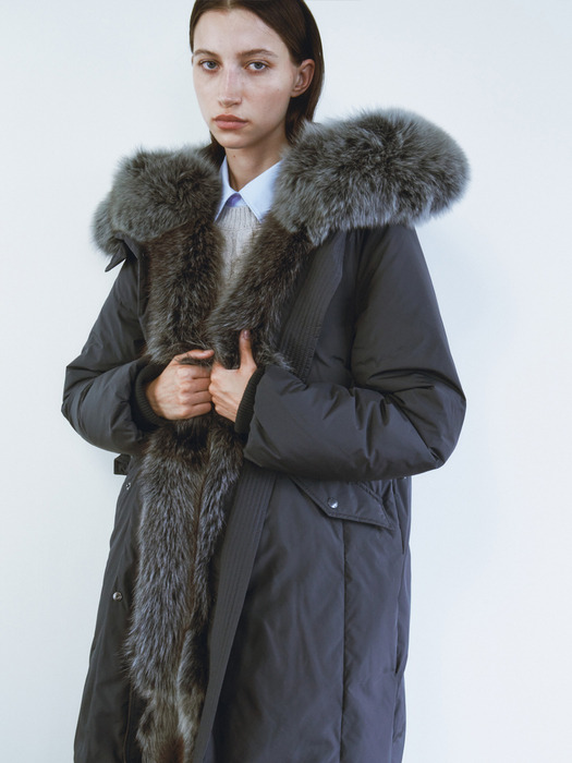 FOX FUR TRIM GOOSE DOWN LONG PARKA [BLUE GREY][CHARCOAL]