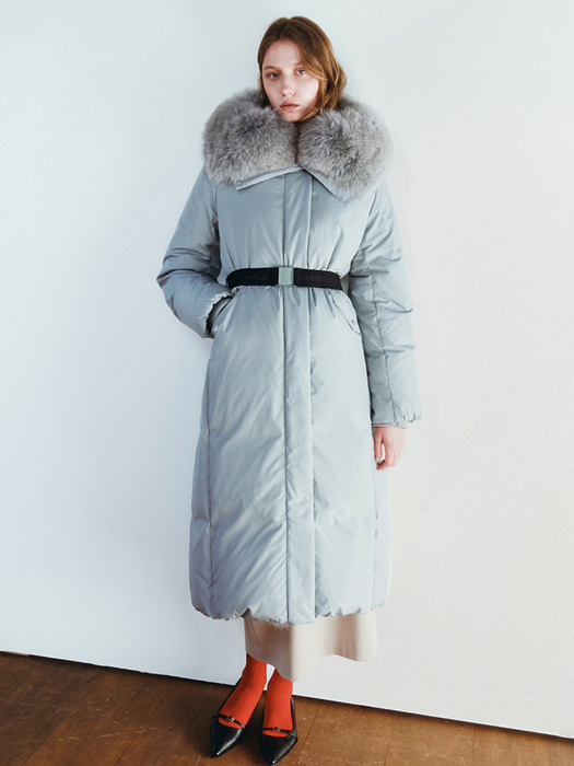 FOX FUR TRIM GOOSE DOWN LONG PARKA [BLUE GREY][CHARCOAL]