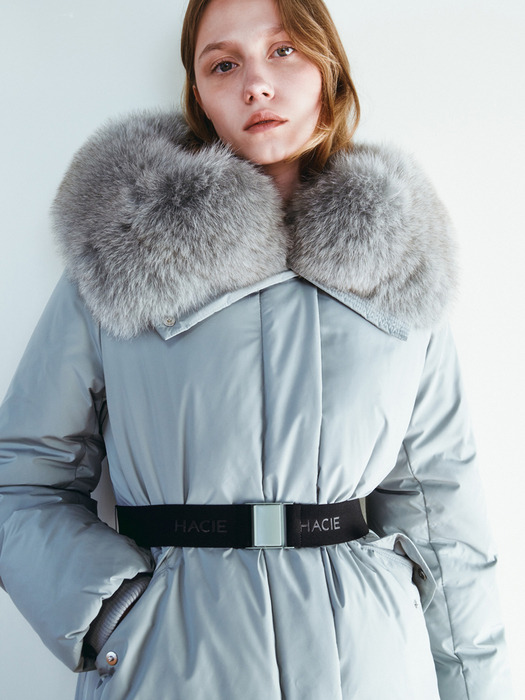 FOX FUR TRIM GOOSE DOWN LONG PARKA [BLUE GREY][CHARCOAL]