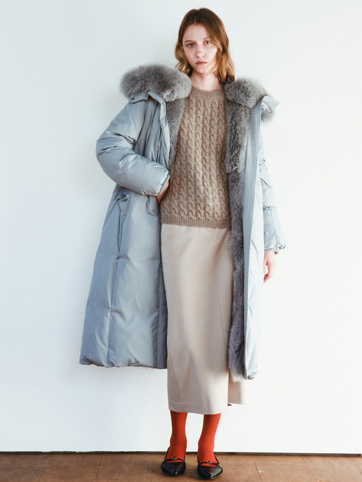 FOX FUR TRIM GOOSE DOWN LONG PARKA [BLUE GREY][CHARCOAL]