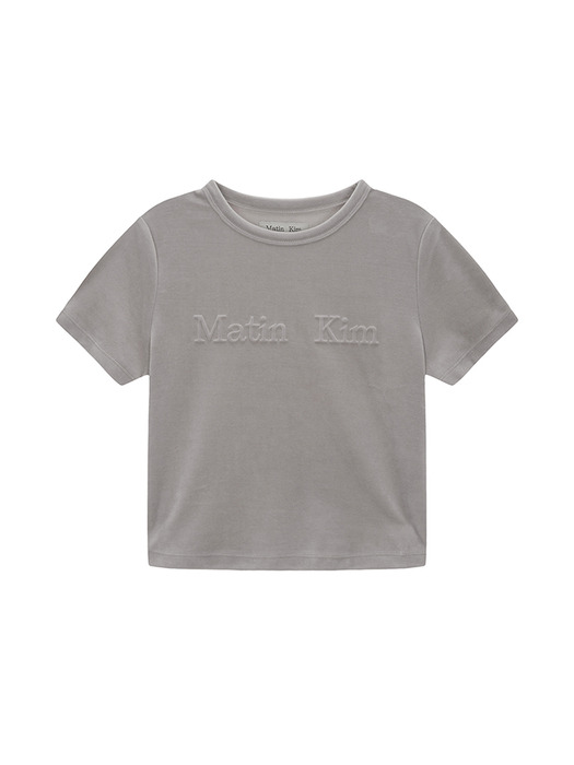 LOGO EMBOSS VELVET CROP TOP IN LIGHT GREY