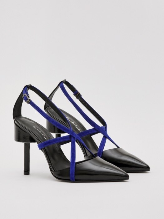 MIRO 100 BIG STAR-SHAPED STRAP HEEL IN BLACK AND BLUE LEATHER
