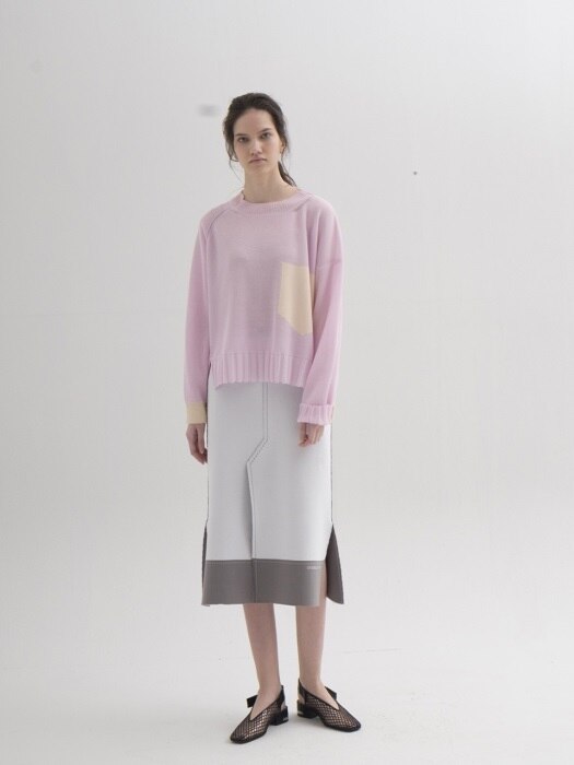 Contrast Stitch Knit Slit Skirt - WHITE