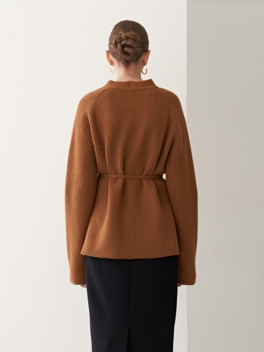 19FW CASHMERE BELTED KNIT CARDIGAN CAMEL