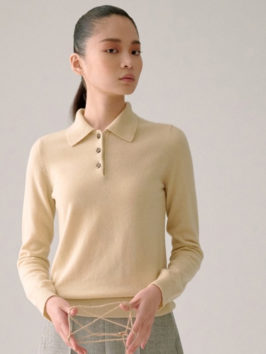 LIGHT YELLOW PURE CASHMERE COLLAR KNIT TOP