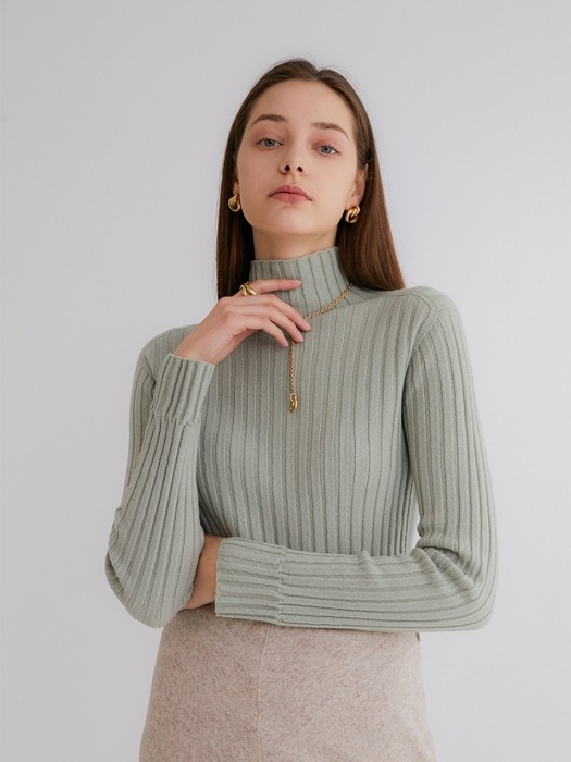 Premium pure cashmere100 ribbed soft-touch sweater by whole-garment knitting - Mint