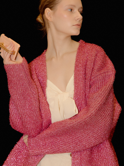 POBE Oversized Metalic Ribbed-knit Cardigan Pink
