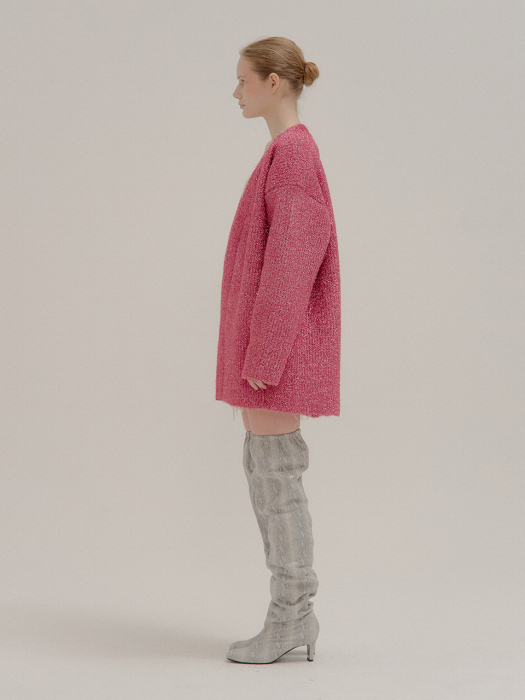 POBE Oversized Metalic Ribbed-knit Cardigan Pink