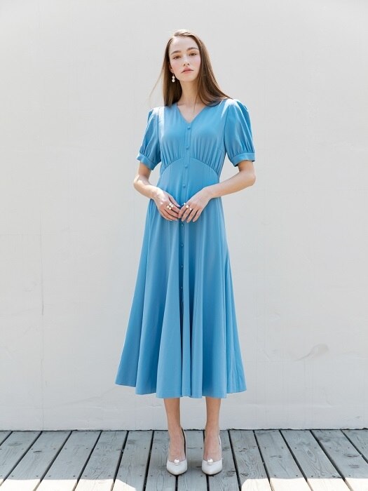 [미전시]FLORIA V-neck shirred short sleeve button down flared dress (Calm Blue)