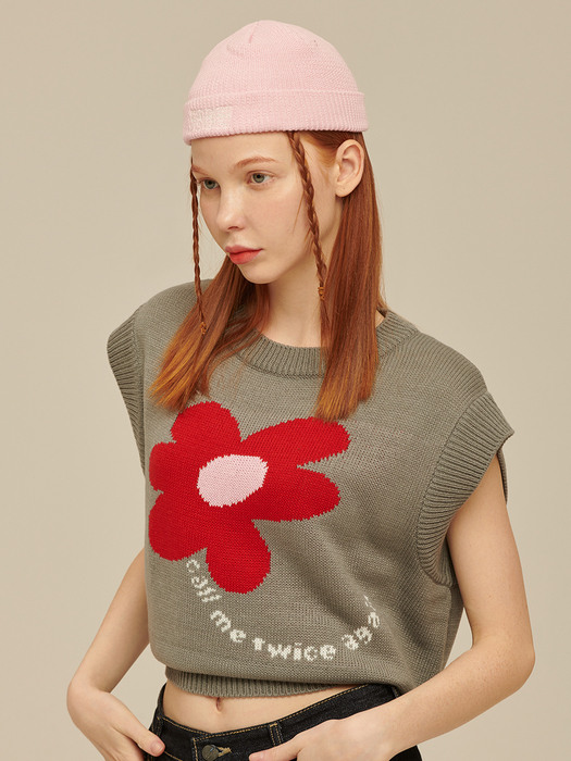 Flower Crop Knit Vest [STONE GREY]