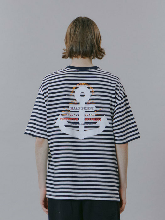 ANCHOR PRINTING STRIPE HALF SLEEVE[NAVY]