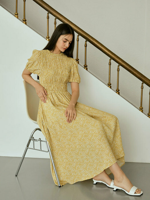 Pattern Shirring long Dress (Yellow)