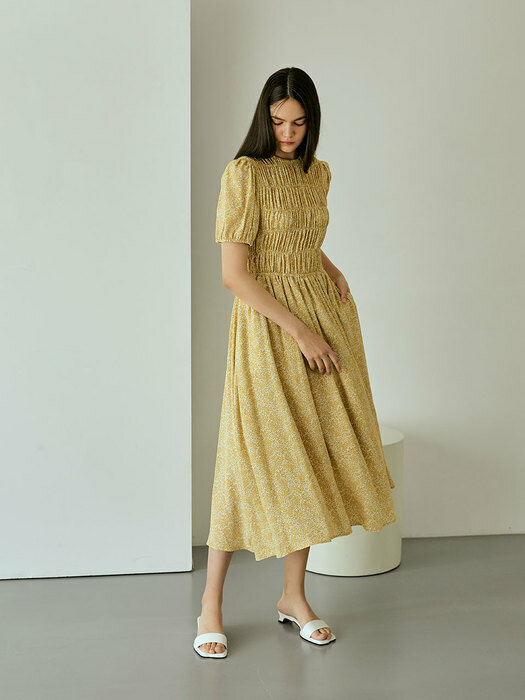 Pattern Shirring long Dress (Yellow)