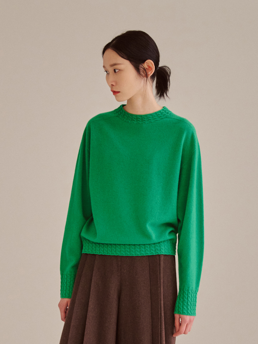 GREEN WHOLEGARMENT PURE CASHMERE CABLE DETAIL KNIT TOP
