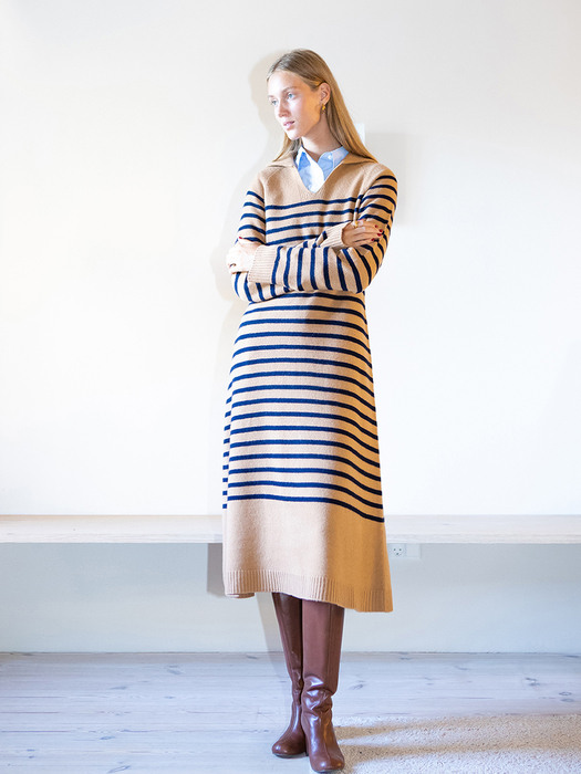 [N]HYGGEKROG V-neck collar stripe knit dress (Deep navy/Camel)