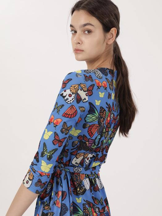 POP ART BLUE BUTTERFLY WRAP DRESS