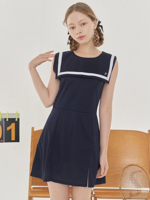 PIQUE SAILOR SLEEVELESS DRESS W/INNER PANTS_Navy