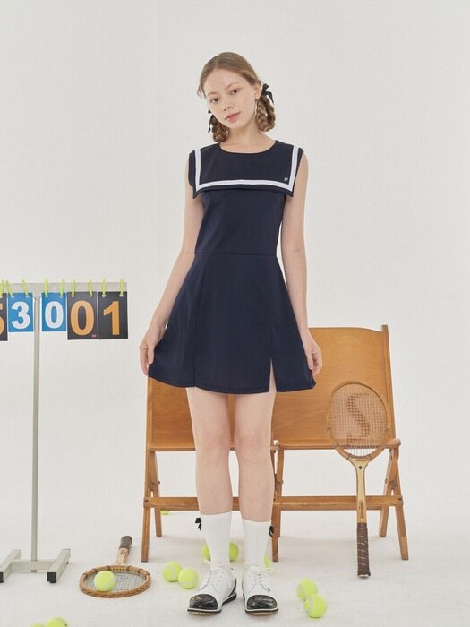 PIQUE SAILOR SLEEVELESS DRESS W/INNER PANTS_Navy