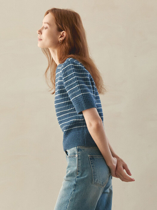 STRIPE HALF SLEEVE KNIT(greyish blue)