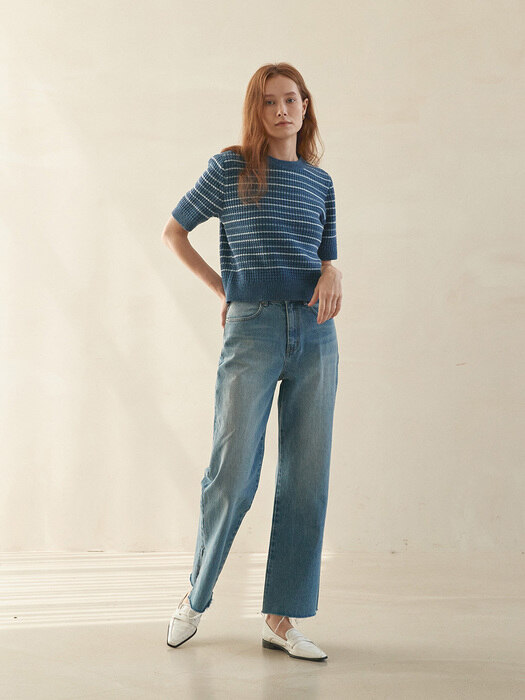 STRIPE HALF SLEEVE KNIT(greyish blue)