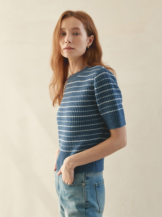 STRIPE HALF SLEEVE KNIT(greyish blue)