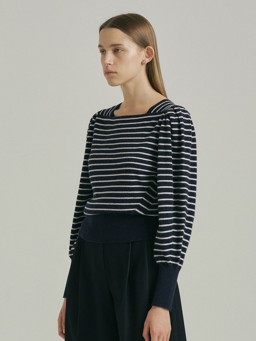 Square Neck Volume Knit_NAVY STRIPE