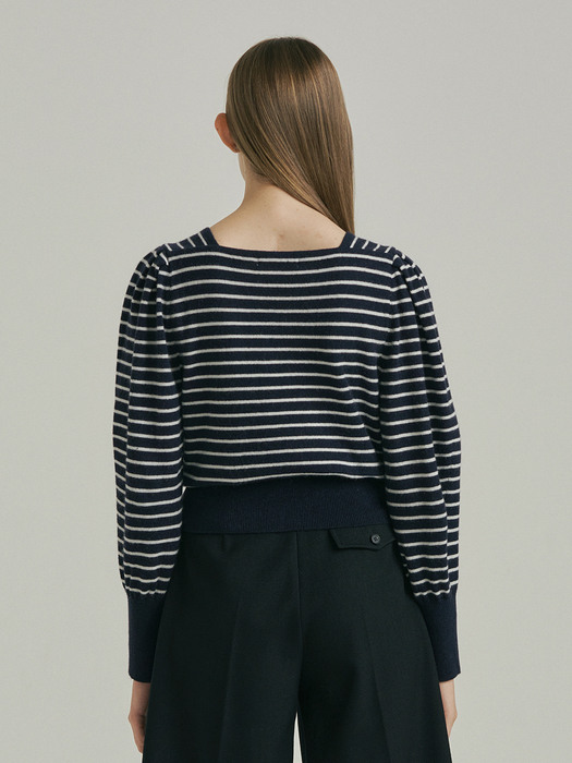 Square Neck Volume Knit_NAVY STRIPE