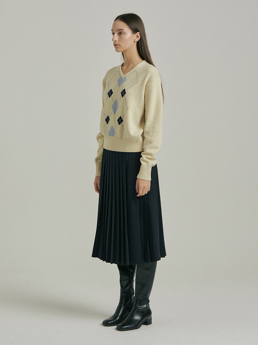 Argyle V-Neck Pullover Knit_CREAM