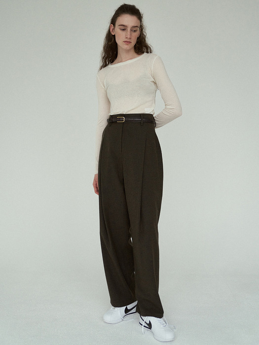 wool curved tuck pants (khaki)
