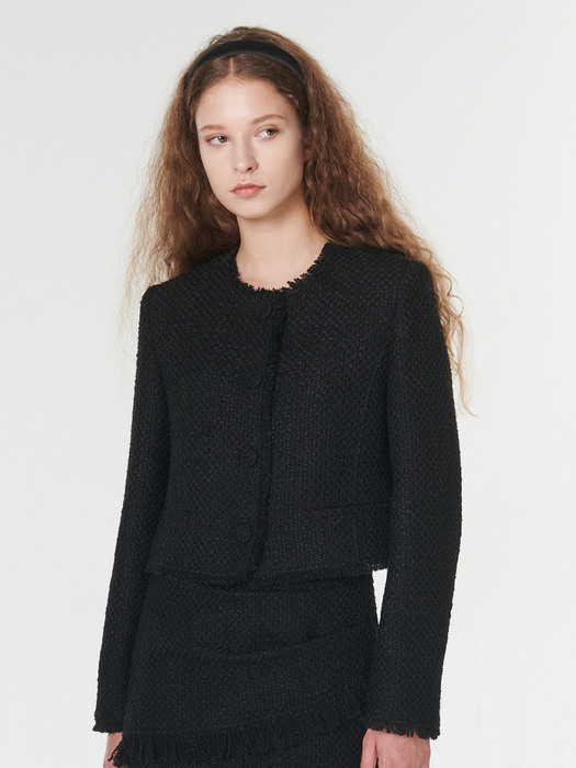 Fringed wool tweed jacket -  Black