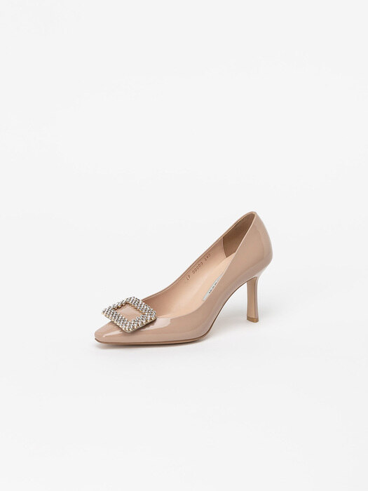 Squaletto Embellished Stiletto Pumps in Nude Beige Patent