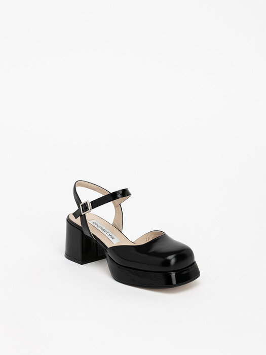 Wafer Platform Strap Shoes in Black Textured Patent