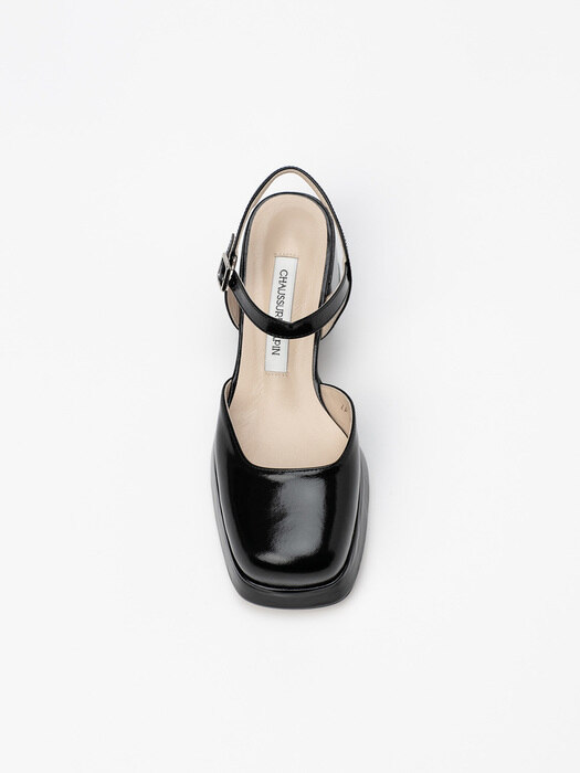 Wafer Platform Strap Shoes in Black Textured Patent