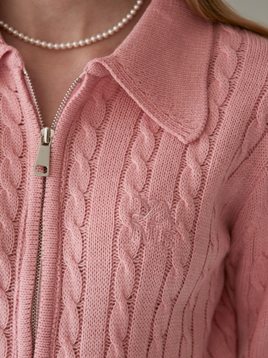 CABLE HAIF ZIP-UP KNIT_PINK