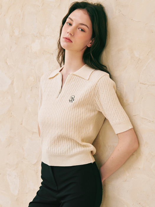 CABLE HALF ZIP UP SHORT KNIT IVORY