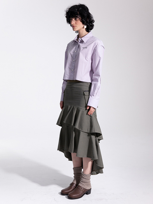 Unbalance tiered & side pocket skirt in olive
