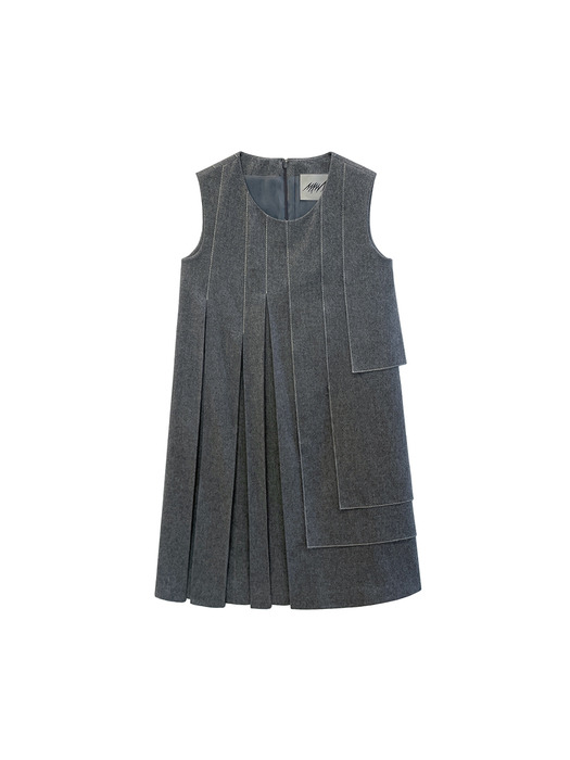 Pleated wool unbalance stitch sleeveless dress