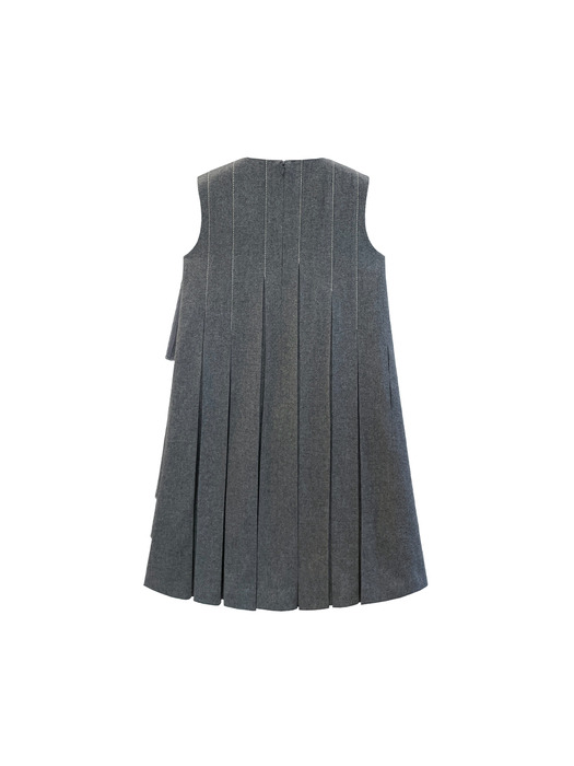 Pleated wool unbalance stitch sleeveless dress