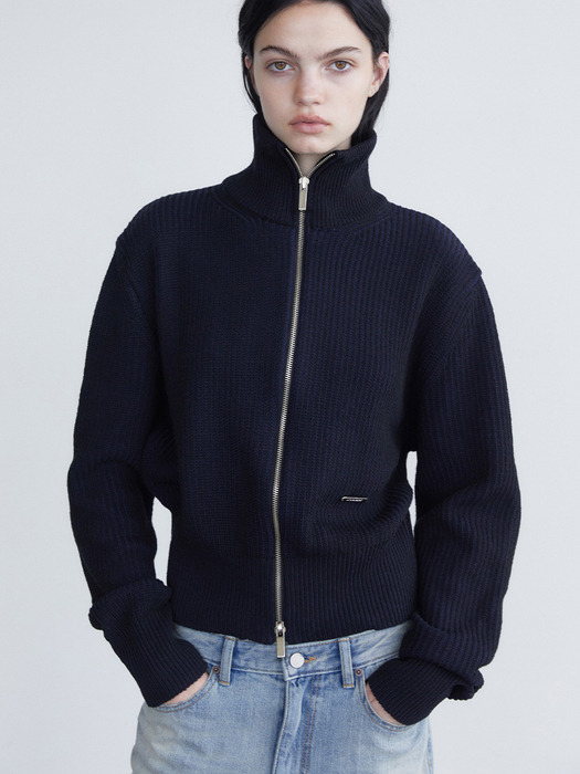 Two-tone knit zip-up - navy