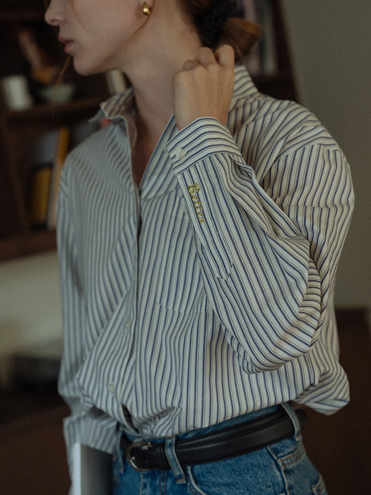 Better embroidery stripe cotton shirt_Ivory