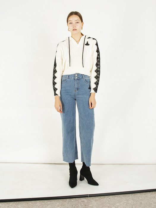 Two button high waist cropped jeans [Blue]