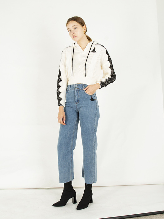 Two button high waist cropped jeans [Blue]