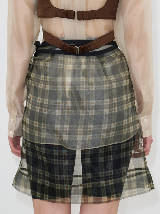 TARTAN CHECK PATTERN ORGANZA SKIRT(KHAKI)